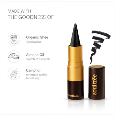 SoulTree Ayurvedic Kajal | Pure Black 011 | Black Shade | Enriched with 100% Organic Ghee, Almond Oil & Camphor | Soothe, Cool & Nourish Eyes | Soothes, Cools, and Nourishes Eyes with Gentle Care 3gm